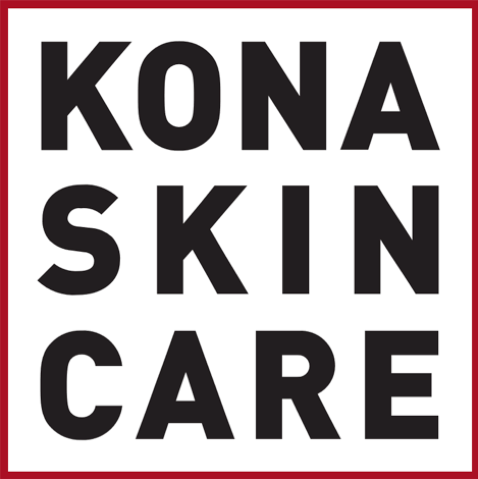 Kona Skin Care Logo. In bold black letters reads "Kona Skin Care" with a white background surrounded by a thin red boarder.